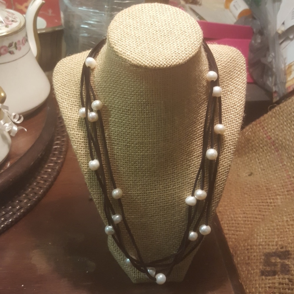 Multi Strand Leather & Genuine Pearl Necklace